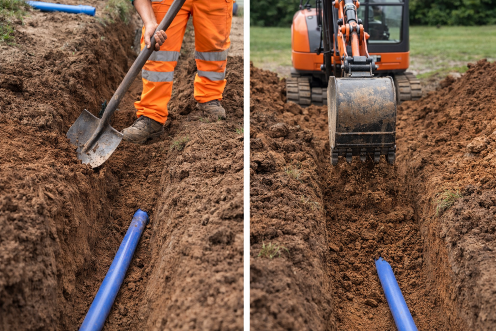 Как быстро вырыть траншею под водопровод: сравнение ручного и механизированного способов