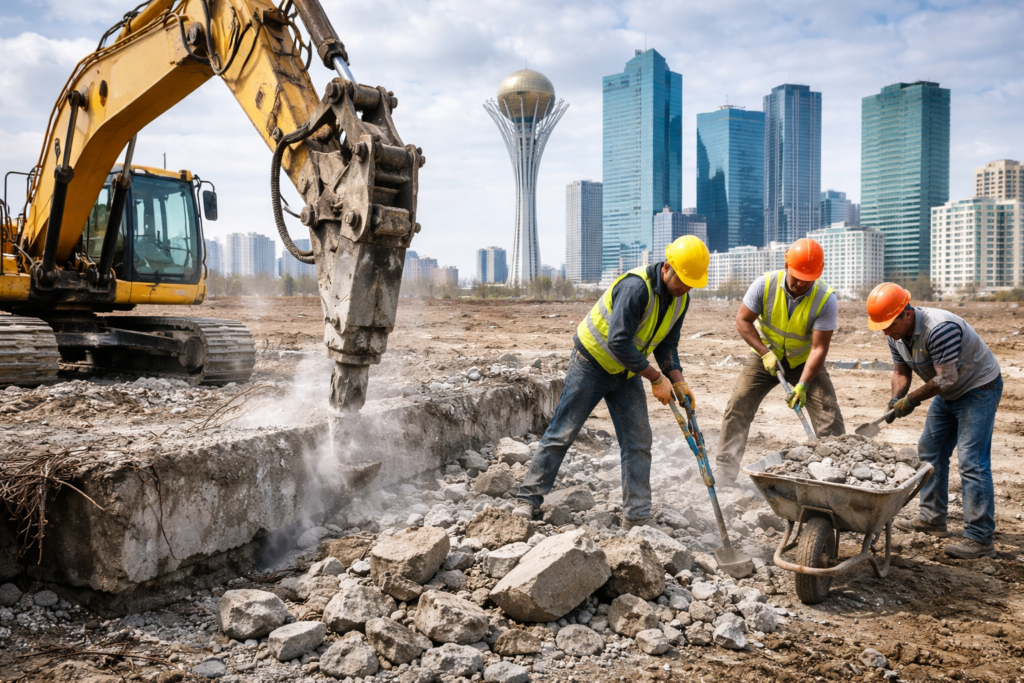 Демонтаж старого фундамента в Астане: гидромолотом или вручную